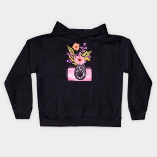 Cute Pink Watercolor Camera and Wildflowers Kids Hoodie